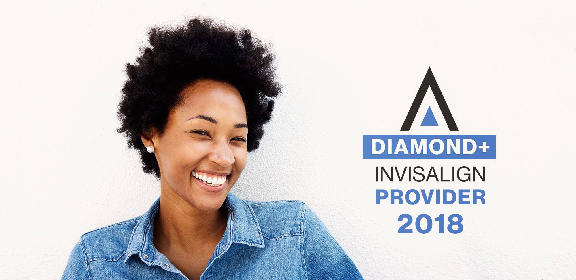 young woman smiling next to invisalign diamond plus provider logo